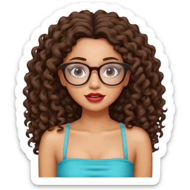 Latina girl with long curly brunette hair slim face and glasses with big lipswearing a tube top sticker