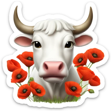Realistic cute White Bull Ox with many poppies on big horns sticker