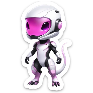 White, Chibi, White body, Anthro-Sona-Lizard-Alien-Salazzle-Mew-Fakémon, with pink eyes, with a futuristic visor-helmet, techwear suit, Full Body sticker