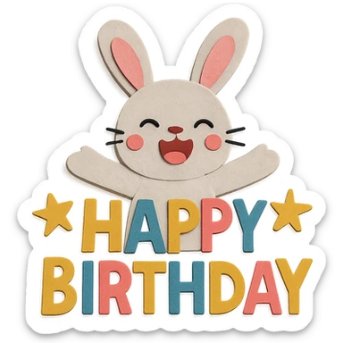 laughing bunny hugging "Happy Birthday" letters with stars, paper craft style, textured paper, layered sticker