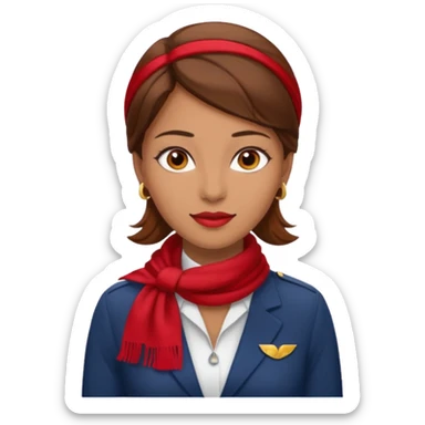 Female flight attendant, with red scarf, white shirt, brown hair, brown eyes, iOS emoji-type face sticker
