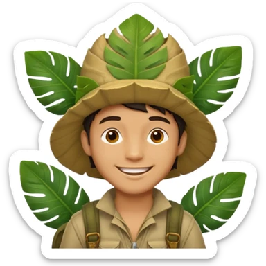 a young man explorer with jungle wearing a large leaf headgear bye  sticker