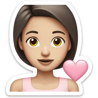 Brunette girl, white skin, holding a pale pink heart  sticker