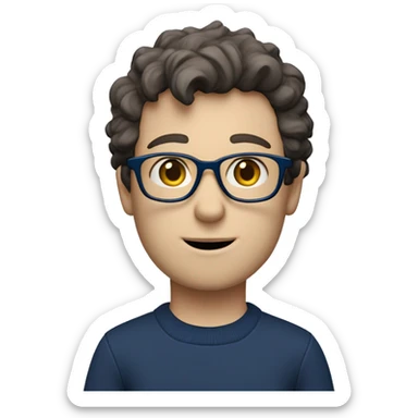 caucasian white boy with dark wavy  hair, blue glasses, and carrying design paper plan because he is an architect carrying a pencil and a set model maquette. wearing a navy blue long sleeve sweater shirt. smart.  sticker