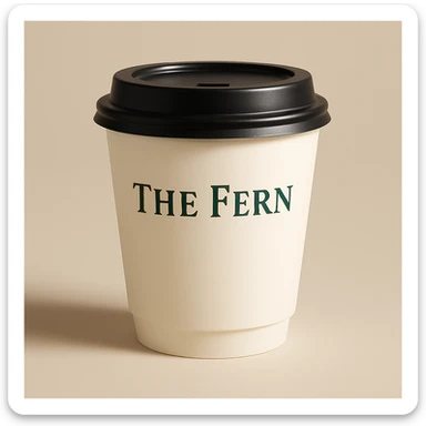 Change the letters that say 'The Fern' to green, keep the elegant serif letters and classic, refined look on the to-go cup. Maintain the elegant serif letter style with a classic and refined look for the text. sticker