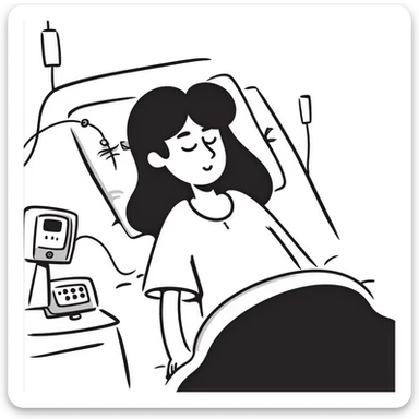 patient sleeping in bed with EEG electrodes, pulse oximeter, and other sensors for polysomnography sleep study sticker