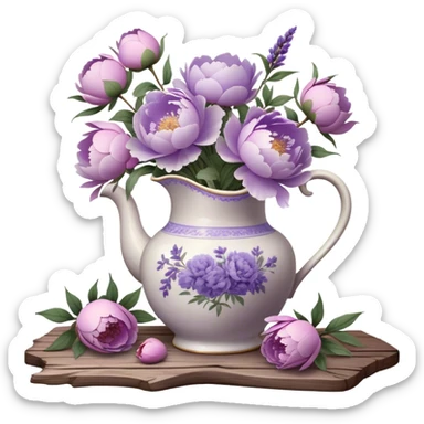 A vintage porcelain pitcher, adorned with fading lavender motifs, overflows with pastel purple peonies in various stages of bloom. Some petals, light as morning mist, curl gently at the edges, while others remain tightly wrapped, hinting at the promise of unfolding beauty. A few fallen blossoms rest beside the pitcher on an aged wooden table, their presence a fleeting echo of nature’s transient charm. Soft, diffused light filters through a lace-curtained window, lending the scene a nostalgic, dreamlike atmosphere." sticker