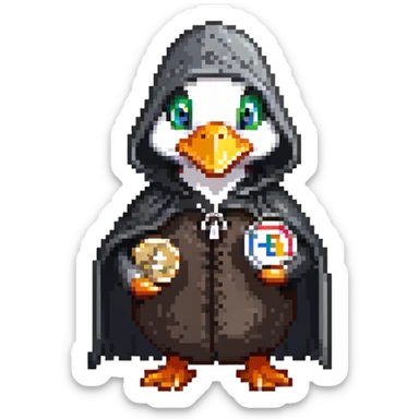 A cool duck in a black cloak with a silver coin sticker