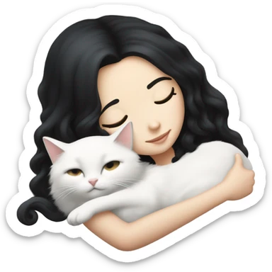 A pretty white girl with very long black hair and sleeping curled up to a white cat  sticker