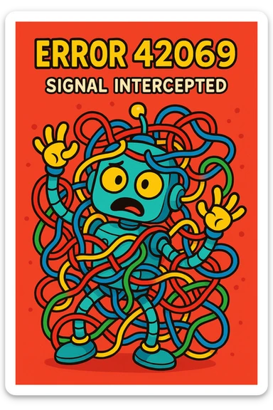 humorous error screen showing 'Error 42069' and 'Signal Intercepted', with a confused robot tangled in wires, bright and silly style sticker