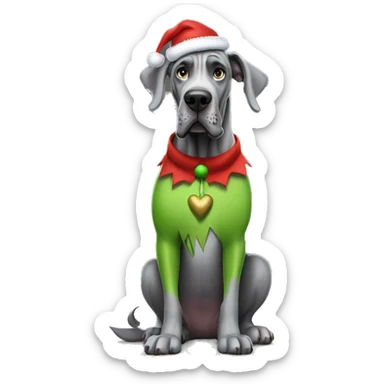 Grey great dane wearing a the grinch costume sticker