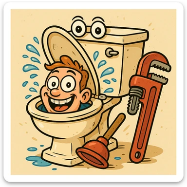 Toilet with open lid and human head inside, parody of Skibidi Toilet, exaggerated cartoon style, funny details sticker
