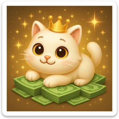Create a very cute cat with a crown, lying on greenish light green money, with glowing sparkles and shiny dust around for extra decoration, in a 3D emoji style. sticker