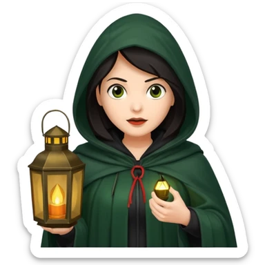 traitor tv show, dark haired woman wearing dark green cloak with hood up who looks very evil and is holding up a lantern sticker