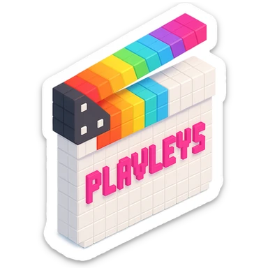 voxel style movie clapperboard, white body, rainbow striped lid, pink text 'PLAVLEYS', isometric view sticker