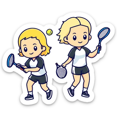 Two friends playing paddle tennis, one of them has blonde hair and the other has black hair. sticker