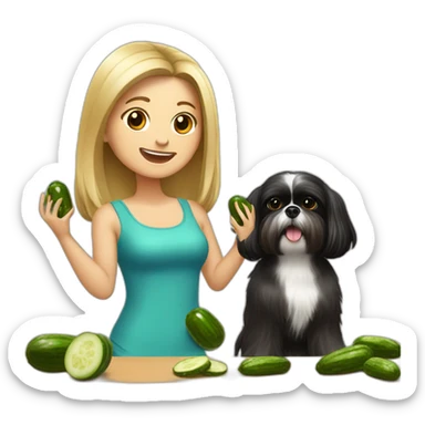 white woman with black long straight hair dancing salsa while eating pickles with a shih tzu dog sticker