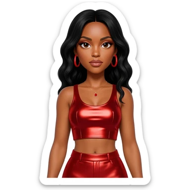 Kelly Rowland with black hair, red metallic crop top, red metallic skirt, red earrings sticker