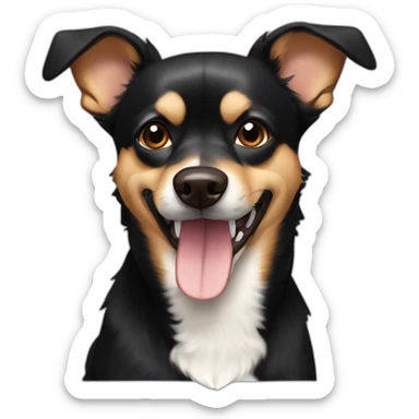 black brown mutt dog with mostly german shephard head but larger chihuahua eyes with large overbite with left upper sharp canine tooth crooked and sticking out of mouth sticker