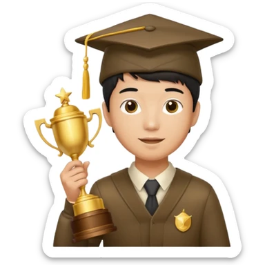 An asian man wearing student hat, holding a trophey sticker