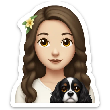 pale skin girl with long dark brown hair that had a flower in her hair  holding a black and brown cavalier dog  sticker