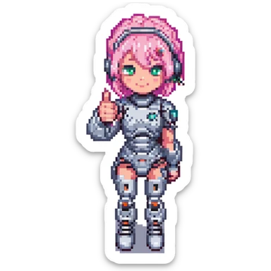 cyborg girl with pink hair giving a thumbs up, pixel art style sticker