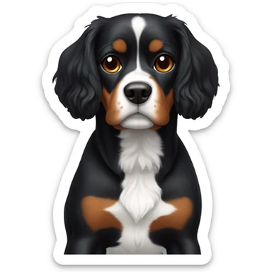 Black dog that looks like a Cavalier king but has a white stripe on chest and a bit of white on chin sticker