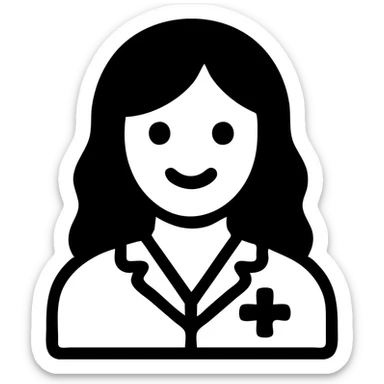 young woman, brown long wavy hair, medical white clothes, friendly, front view, smiling sticker