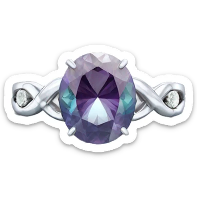 Engagement ring with center diamond, alexandrite on either side. Silver band with infinity pattern sticker