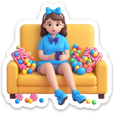 A girl sitting on a couch with a cat, holding a smartphone, with a blue bow on her head, surrounded by candy, in a warm, cozy setting. sticker