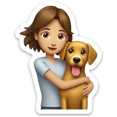 Tall slim straight brown haired girl hugging a golden dog sticker