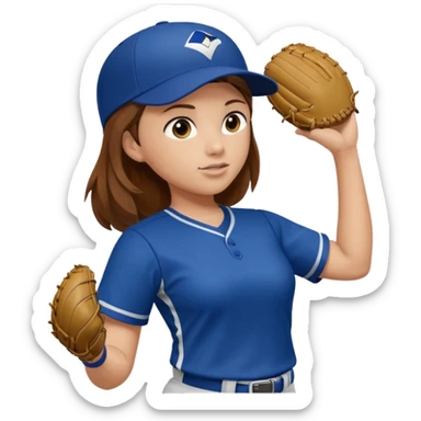 Softball pitcher pitching the ball from side view with brown hair and dark blue jersey and no hat sticker