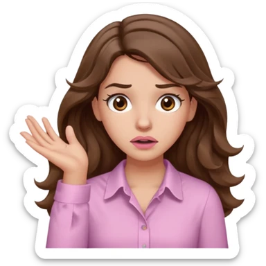 girl with wavy long brown hair, brown eyes, light to medium complexion, long lashes, light pink lipstick, wearing light pink shirt, shrugging with both hands, confused sticker