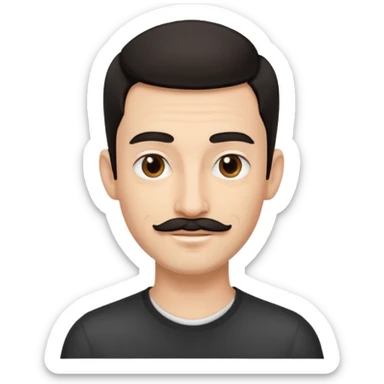 young male designer, receding dark hair, thin moustache, black earring left ear, cheerful sticker