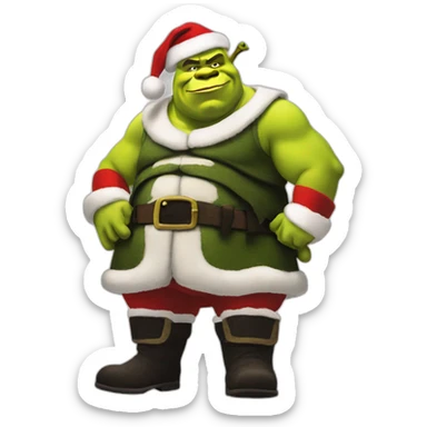shrek as santa standing with black shoes with ak sticker