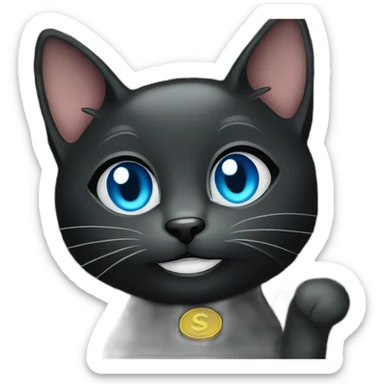 a black cat with blue eyes smiles and holds a lot of dollars sticker