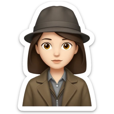 Hobo tomboy with shoulder-length center-parted dark brown hair. brown eyes, dark dull brown coat, grey shirt. Flat crown bolero hat sticker