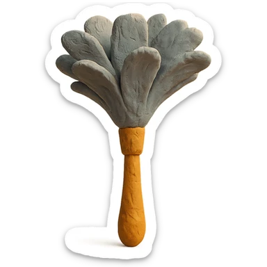 feather duster in claymation style with wooden handle, fluffy feathers, and soft lighting sticker