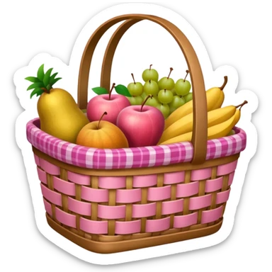 Pink basket, plaid lining, with both food, drink and fruits sticker