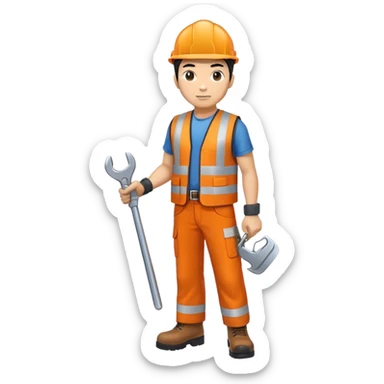 ASIAN RAILWAY ENGINEER ORANGE VEST, TROUSERS, BOOTS, WITH SPANNER sticker