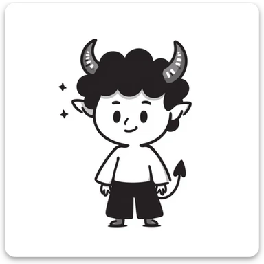 hand-drawn chibi demon with big head, tiny body, cute horns and mischievous smile sticker
