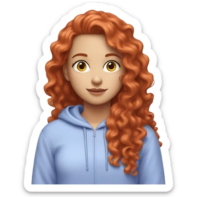 a white girl with long red curly hair, wearing a pastel periwinkle hoodie doing a pose sticker