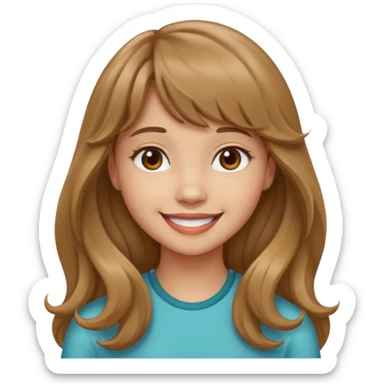 Please generate a portrait of a pretty girl with long, wavy, light brown hair and bangs, she's smiling. sticker