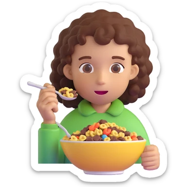 kid with curly hair eating chocolate cereal sticker