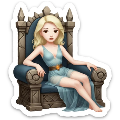 Woman reclining on a stone throne, sheer fabric, torchlight, dangerous sticker