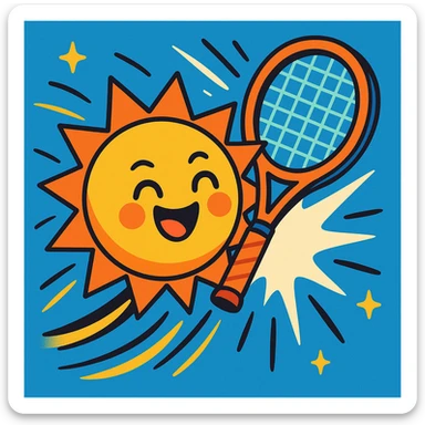 the sun being hit by a tennis racket, energetic, fun, vibrant cartoon style sticker
