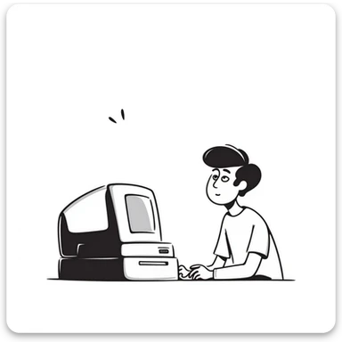 A young guy with a confused expression staring at a vintage desktop computer with bulky CRT monitor and old tower sticker