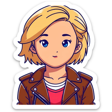 14-year-old girl with choppy blonde hair, armpit length, shortest at mouth, middle part, light freckles, blue eyes, defined cupid's brow, tight dark red top, brown leather jacket, necklaces sticker