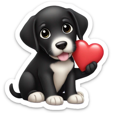 sitting black labrador puppy is holding a heart sticker