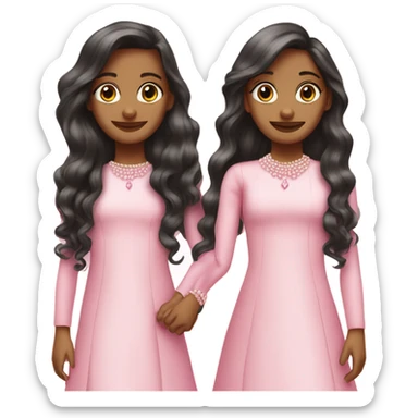 two teenage Latina twins. pink. Long hair. Pink bows. Pearls. Light pink. Diamonds dress. sticker